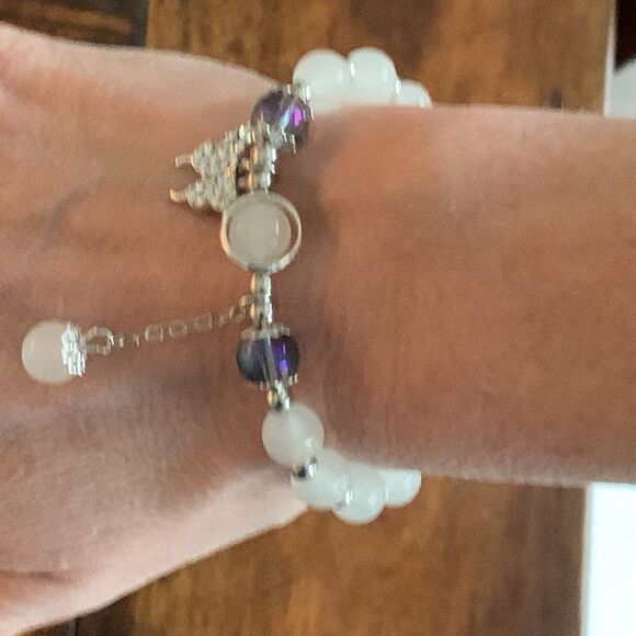Milky White & Purple Beaded Bracelet with Butterfly Charm for Teens - Picture 6 of 7